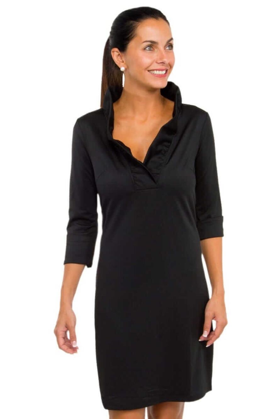 Gretchen Scott Ruffneck Dress Size L Black 3/4 Sleeves Ruffled Collar Cocktail
